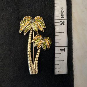 Twin 2 Crystal Palm Tree Pin Brooch Green & Topaz Color Crystals Pre-Owned